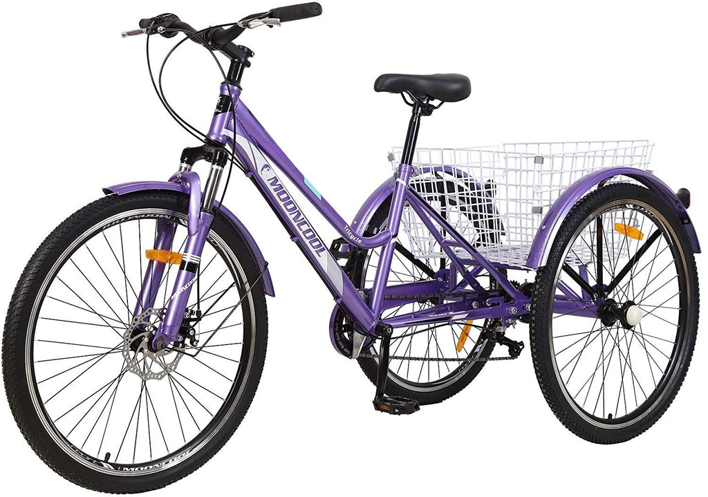 Mountain Tricycle for Adults, 3 Wheeled 7-Speed Mountain Tricycle for Women Men, 24/26 Inch Adults Trikes Cruiser Bike with LarBasket