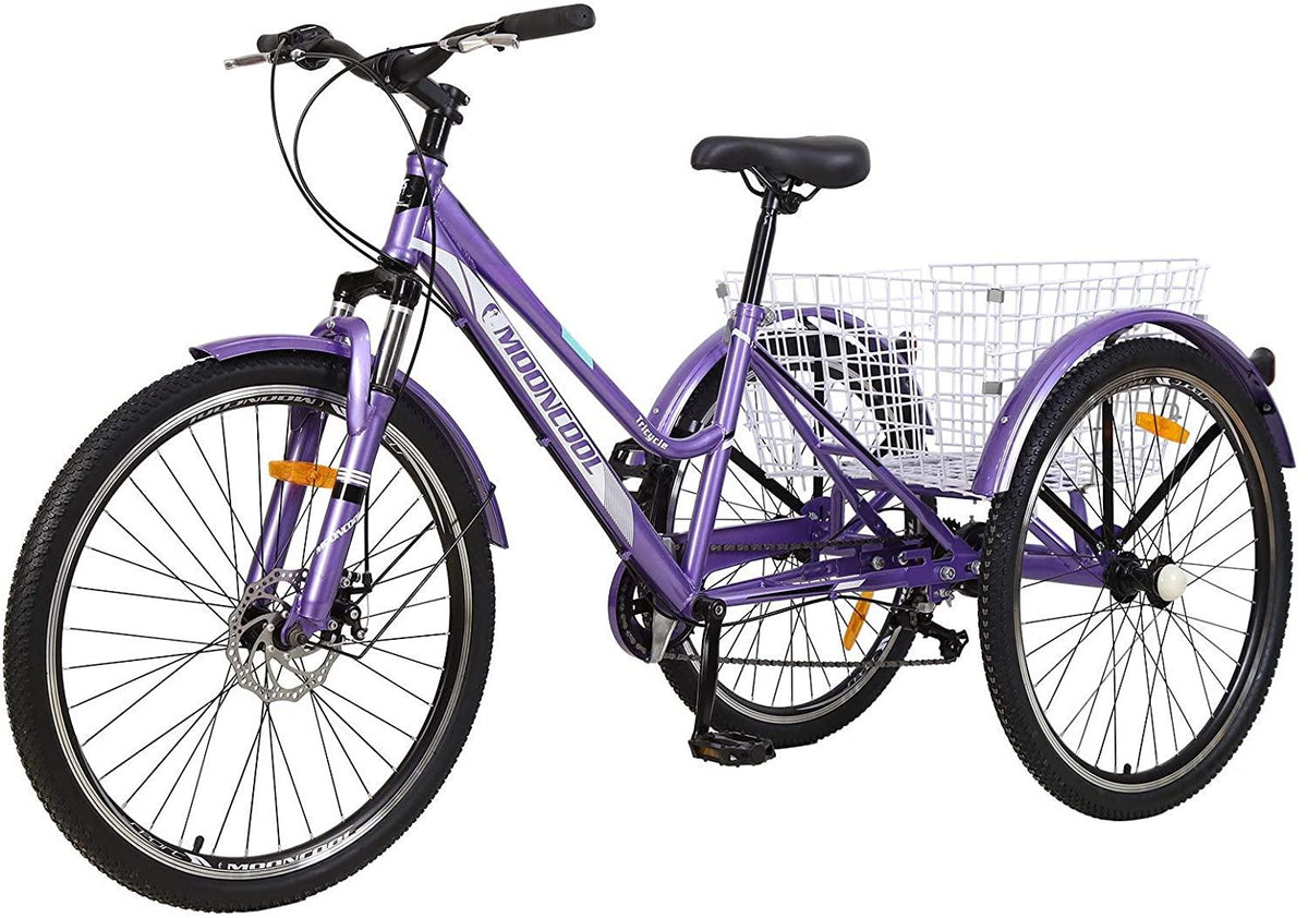 Mountain Tricycle for Adults, 3 Wheeled 7-Speed Mountain Tricycle for Women Men, 24/26 Inch Adults Trikes Cruiser Bike with LarBasket