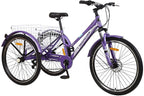 Mountain Tricycle for Adults, 3 Wheeled 7-Speed Mountain Tricycle for Women Men, 24/26 Inch Adults Trikes Cruiser Bike with LarBasket