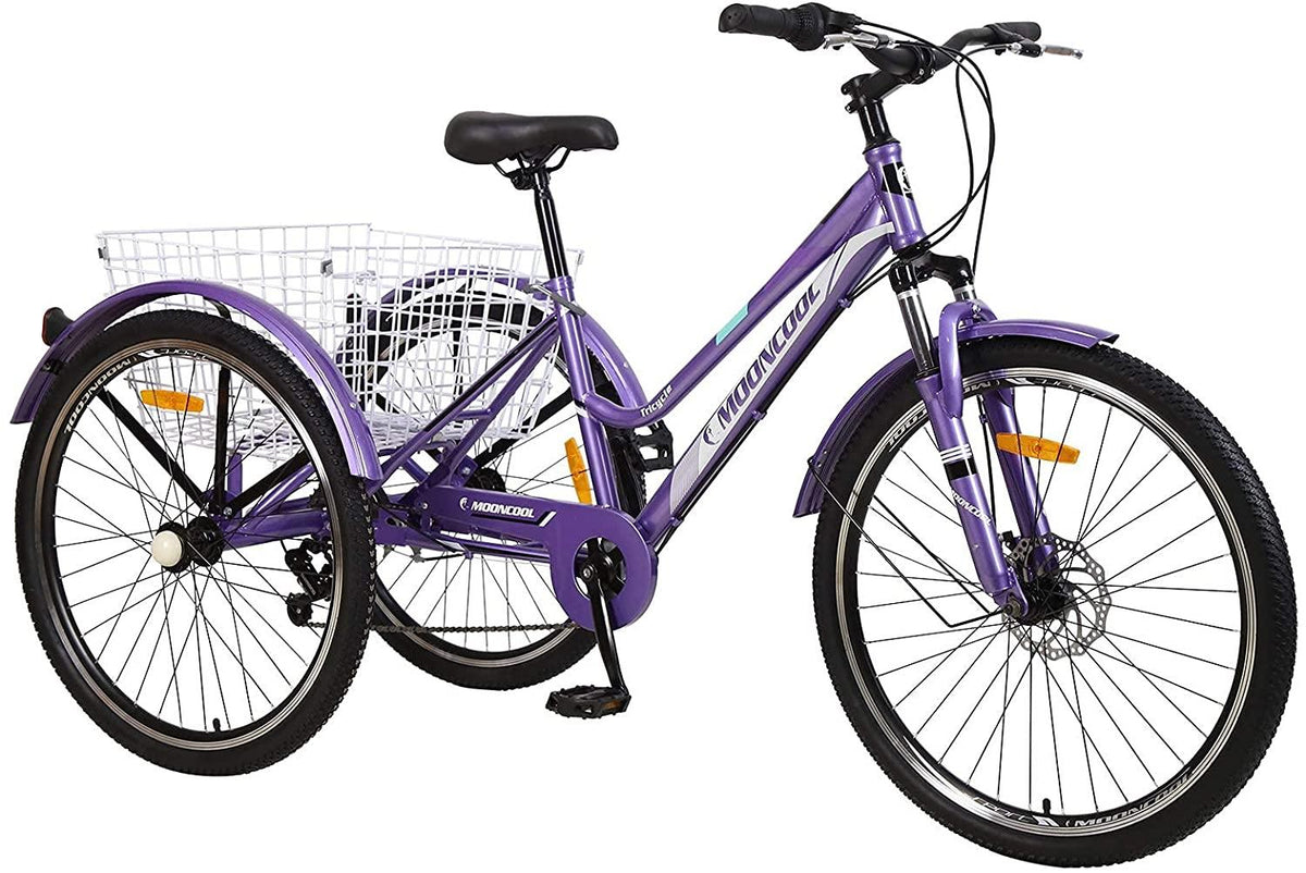 Mountain Tricycle for Adults, 3 Wheeled 7-Speed Mountain Tricycle for Women Men, 24/26 Inch Adults Trikes Cruiser Bike with LarBasket