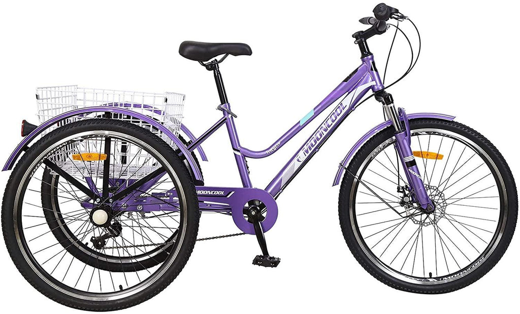 Mountain Tricycle for Adults, 3 Wheeled 7-Speed Mountain Tricycle for Women Men, 24/26 Inch Adults Trikes Cruiser Bike with LarBasket