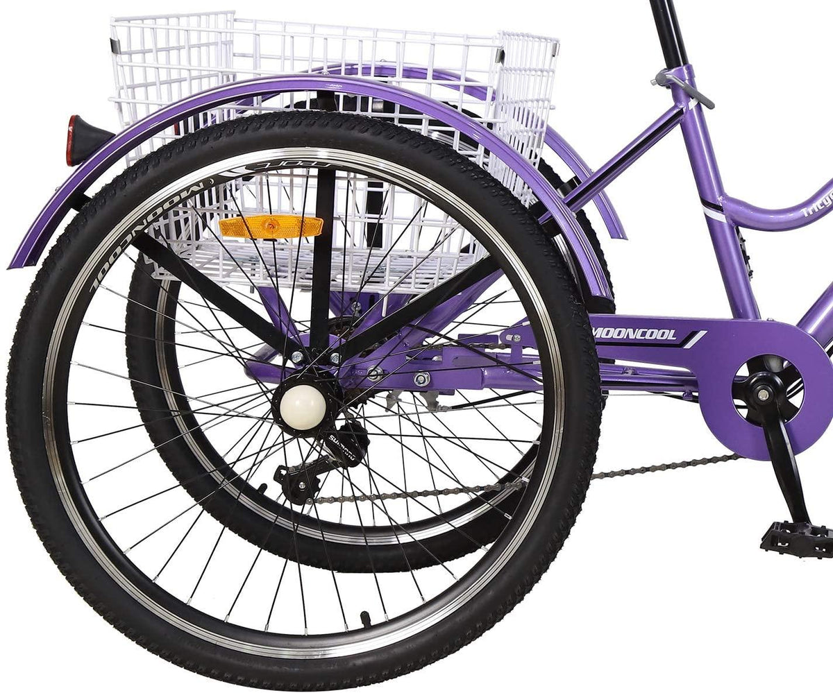 Mountain Tricycle for Adults, 3 Wheeled 7-Speed Mountain Tricycle for Women Men, 24/26 Inch Adults Trikes Cruiser Bike with LarBasket