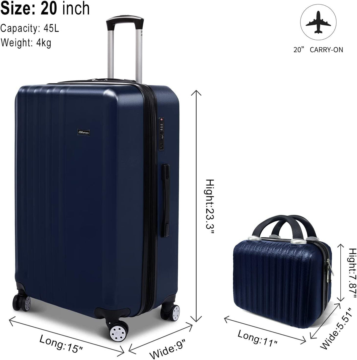 2 Piece Carry On Luggage Sets 12inch Cosmetic Case 20inch Suitcase with Wheels (Blue, 2-piece Set)