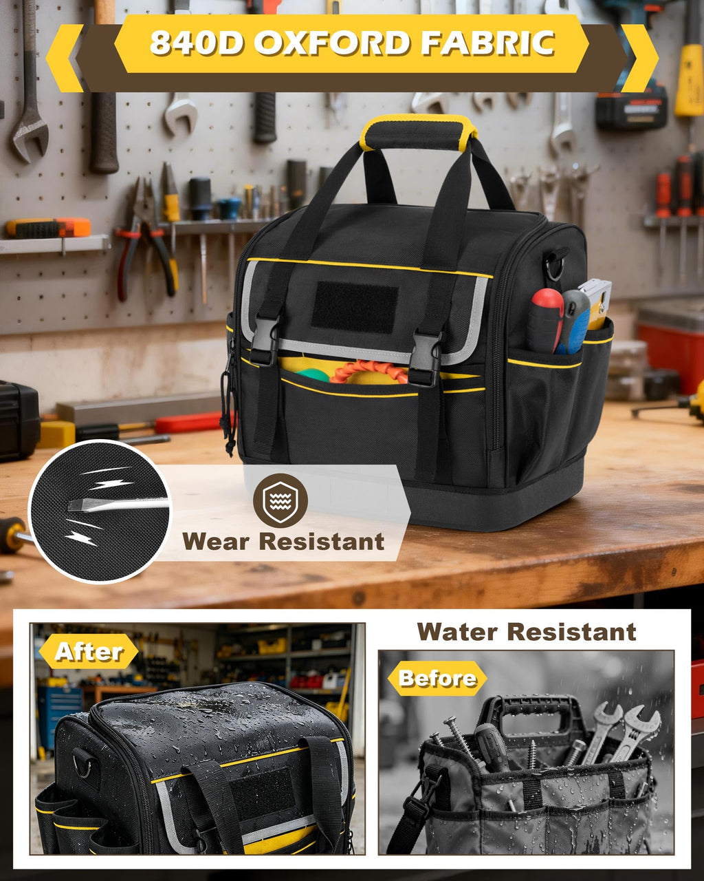 12-Inch Tool Bag with Hard Bottom, Electrician Tool Box Organizer | Detachable Divider, Multiple Pockets, Padded Handle, Adjustable Shoulder Strap, Ideal for Mechanics, Carpenters, Plumbers