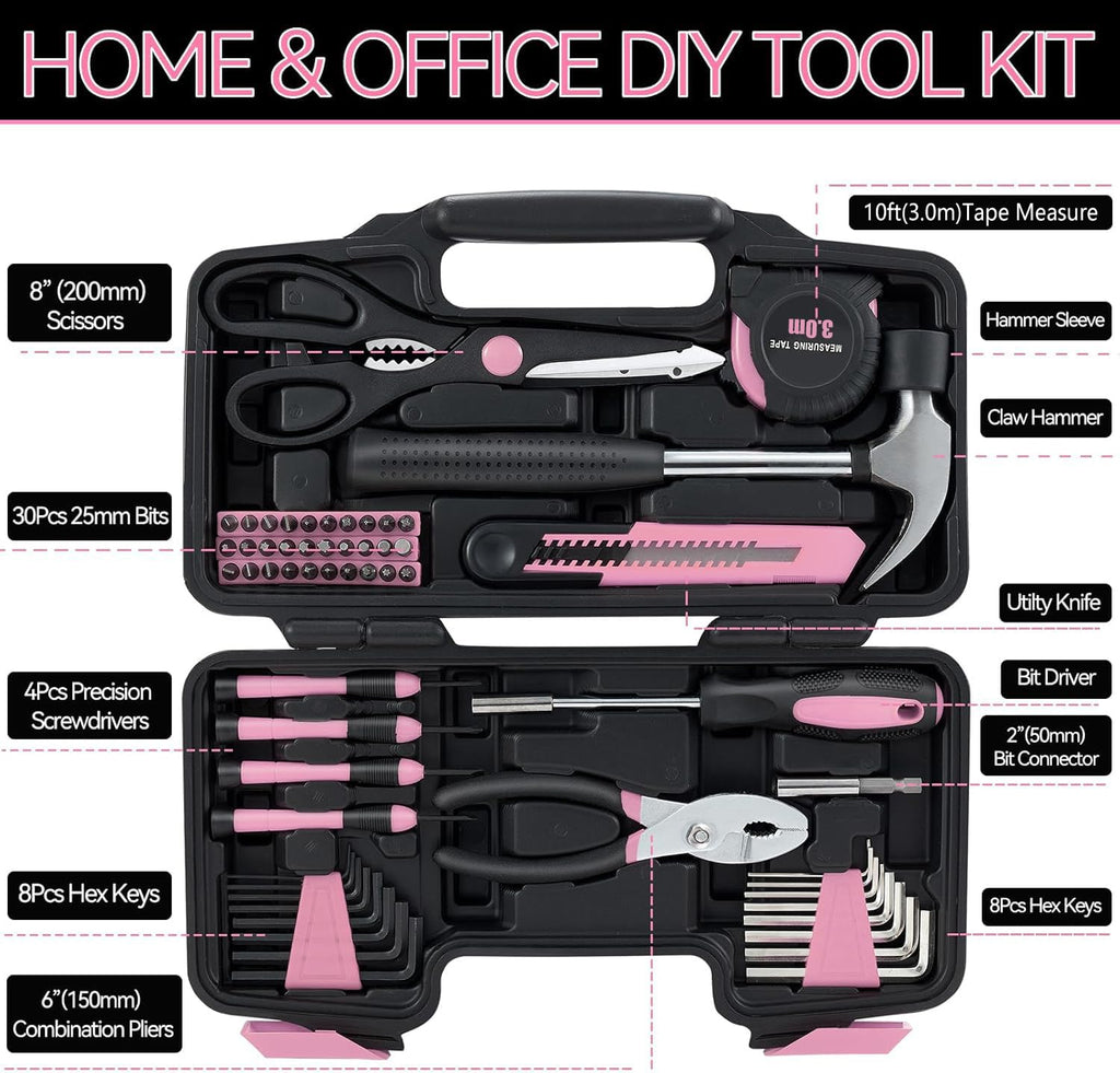 58 Piece Household Tool Set, General Household Hand Tool Kit with Plastic Toolbox StoraCase, All Purpose Household Tool Kit for Women, Girls and Ladies, Pink