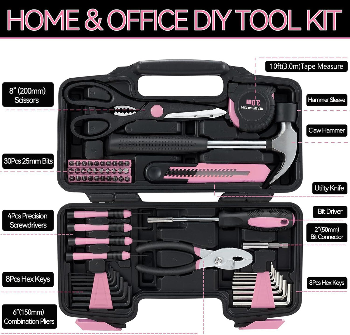 58 Piece Household Tool Set, General Household Hand Tool Kit with Plastic Toolbox StoraCase, All Purpose Household Tool Kit for Women, Girls and Ladies, Pink