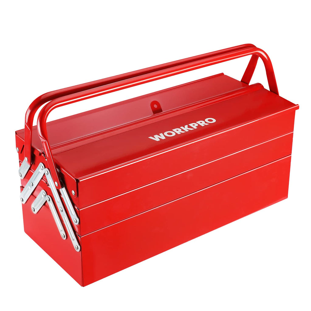 Metal Tool Box, 18-inch Cantilever Folding Red StoraBox, 3-Layer 5-Tray Multi-Function Tool Organizer, Red