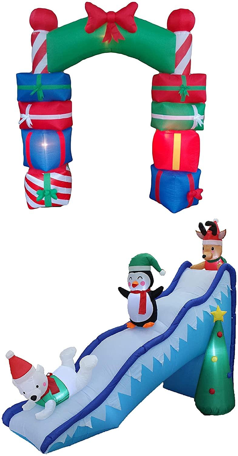 Two Christmas Party Decorations Bundle, Includes 8 Foot Tall Inflatable Stacked Colorful Gift Boxes Archway, and 9 Foot Long Inflatable Penguin Reindeer Polar Bear Christmas Tree Slide Scene Blowup