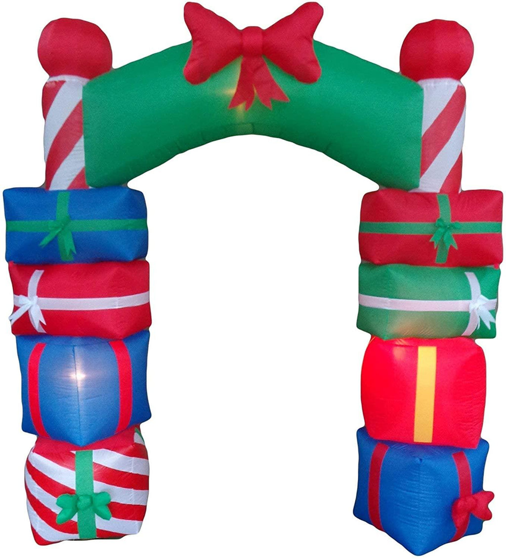 Two Christmas Party Decorations Bundle, Includes 8 Foot Tall Inflatable Stacked Colorful Gift Boxes Archway, and 9 Foot Long Inflatable Penguin Reindeer Polar Bear Christmas Tree Slide Scene Blowup