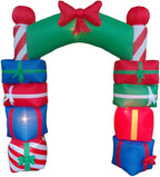 Two Christmas Party Decorations Bundle, Includes 8 Foot Tall Inflatable Stacked Colorful Gift Boxes Archway, and 9 Foot Long Inflatable Penguin Reindeer Polar Bear Christmas Tree Slide Scene Blowup