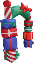 Two Christmas Party Decorations Bundle, Includes 8 Foot Tall Inflatable Stacked Colorful Gift Boxes Archway, and 9 Foot Long Inflatable Penguin Reindeer Polar Bear Christmas Tree Slide Scene Blowup