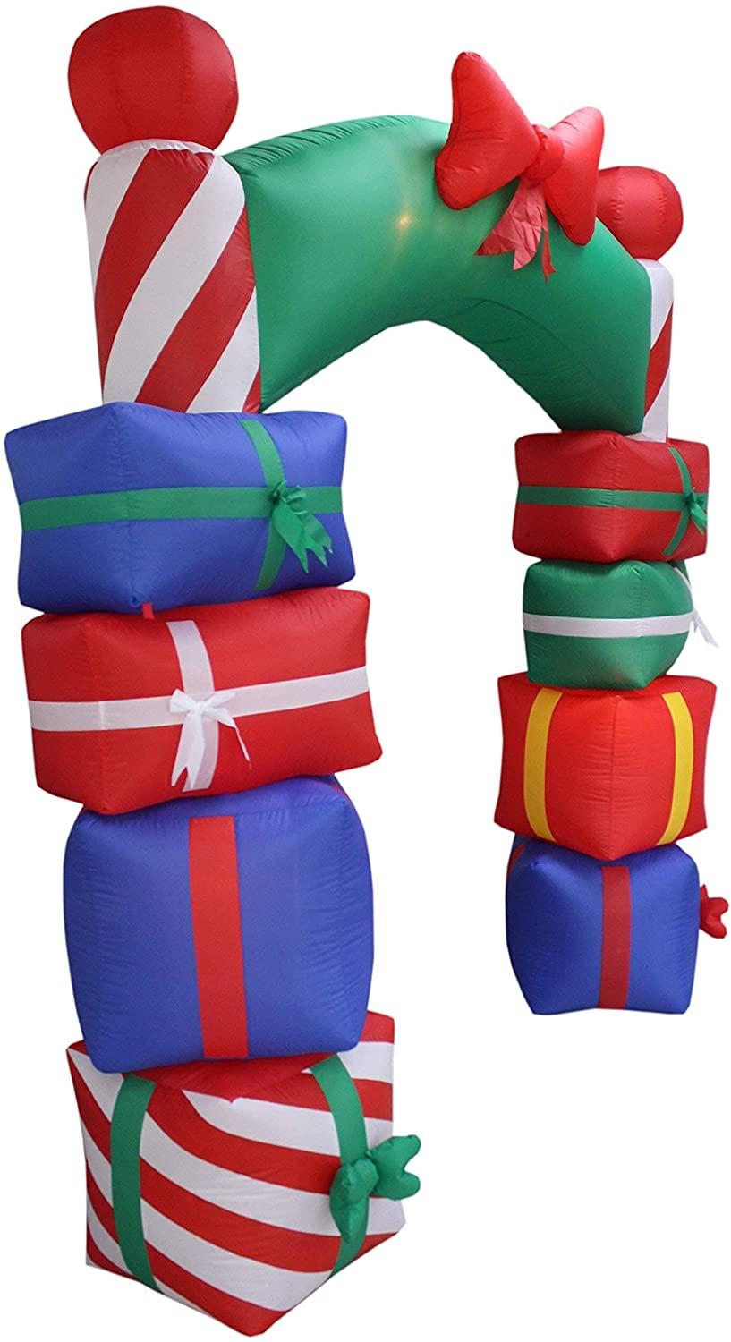 Two Christmas Party Decorations Bundle, Includes 8 Foot Tall Inflatable Stacked Colorful Gift Boxes Archway, and 9 Foot Long Inflatable Penguin Reindeer Polar Bear Christmas Tree Slide Scene Blowup