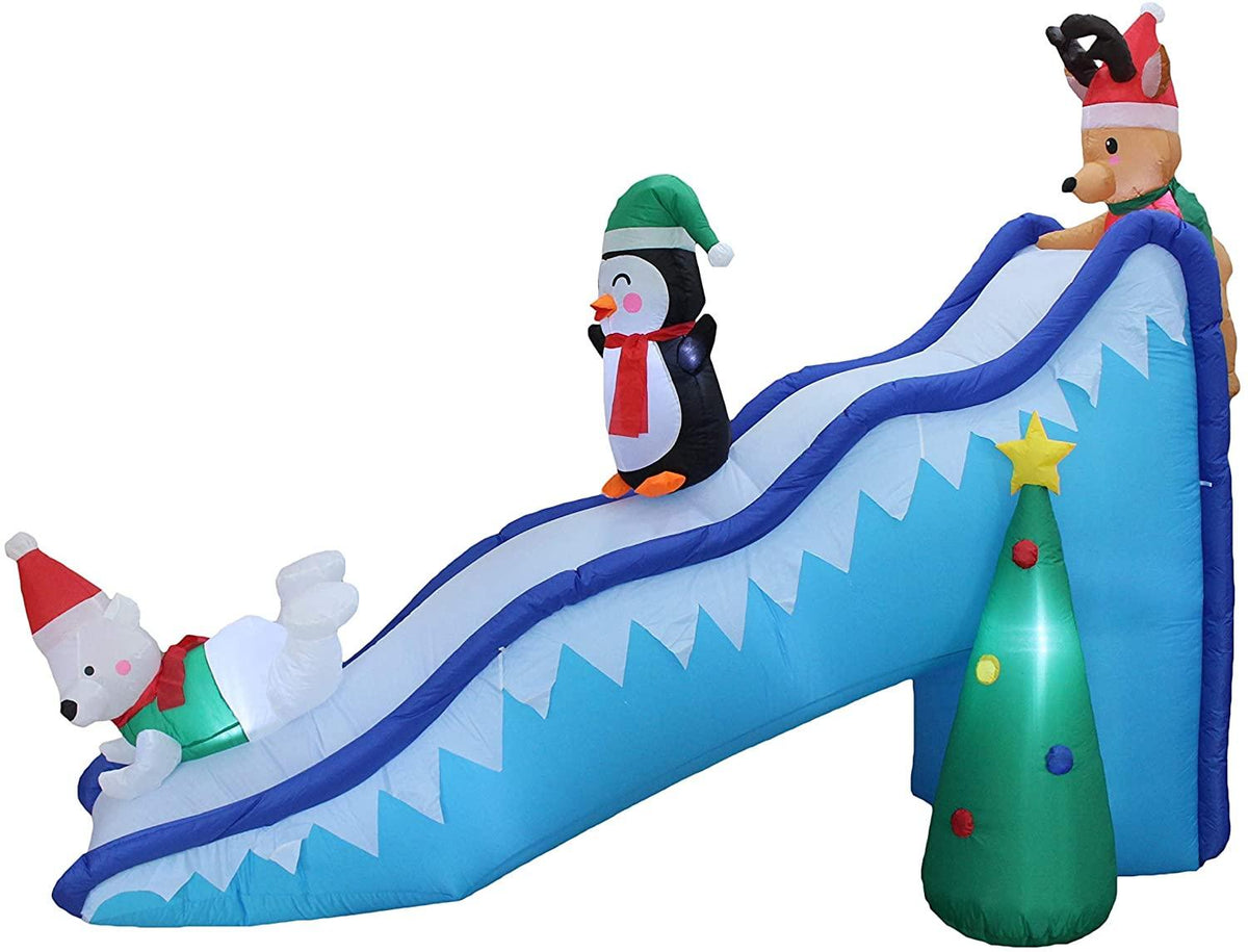 TWO CHRISTMAS PARTY DECORATIONS BUNDLE, Includes 4 Foot Tall Animated Inflatable Santa Claus Reindeer on Teeter Totter, and 9 Foot Long Inflatable Penguin Reindeer Polar Bear Christmas Tree Slide