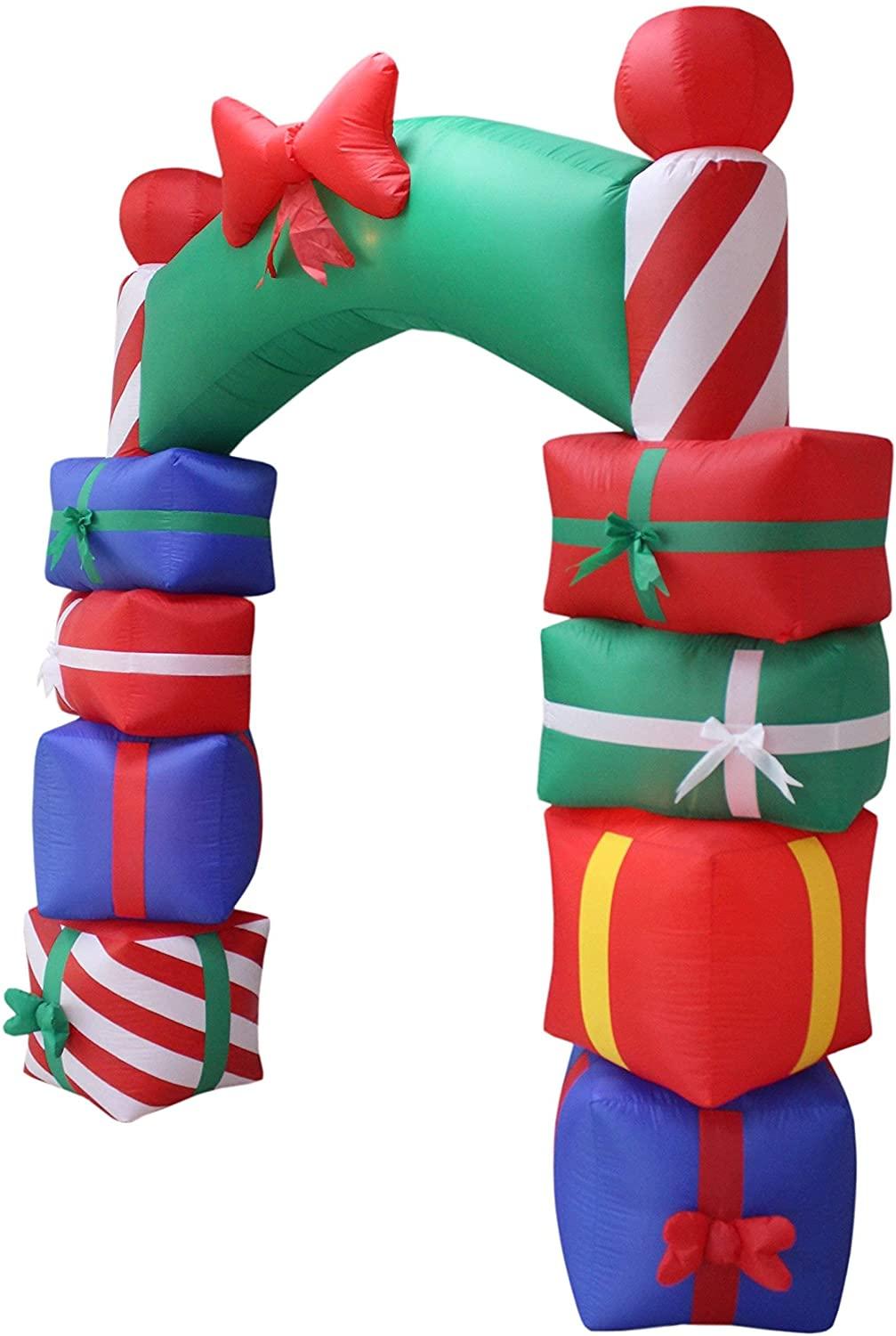 Two Christmas Party Decorations Bundle, Includes 8 Foot Tall Inflatable Stacked Colorful Gift Boxes Archway, and 9 Foot Long Inflatable Penguin Reindeer Polar Bear Christmas Tree Slide Scene Blowup