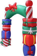 Two Christmas Party Decorations Bundle, Includes 8 Foot Tall Inflatable Stacked Colorful Gift Boxes Archway, and 9 Foot Long Inflatable Penguin Reindeer Polar Bear Christmas Tree Slide Scene Blowup