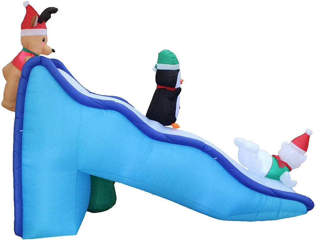 TWO CHRISTMAS PARTY DECORATIONS BUNDLE, Includes 4 Foot Tall Animated Inflatable Santa Claus Reindeer on Teeter Totter, and 9 Foot Long Inflatable Penguin Reindeer Polar Bear Christmas Tree Slide