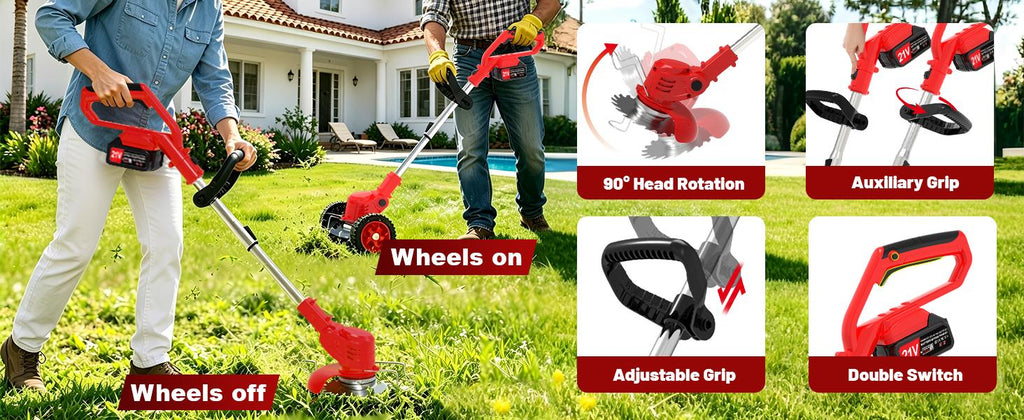Electric Weed Wacker Cordless with Wheels,21V Lightweight Electric Weed Eater Battery Powered,4 in 1 Grass Trimmer/Brush Cutter/Lawn Edger/Lawn Mower,No String Trimmer Battery Operated for Garden Yard