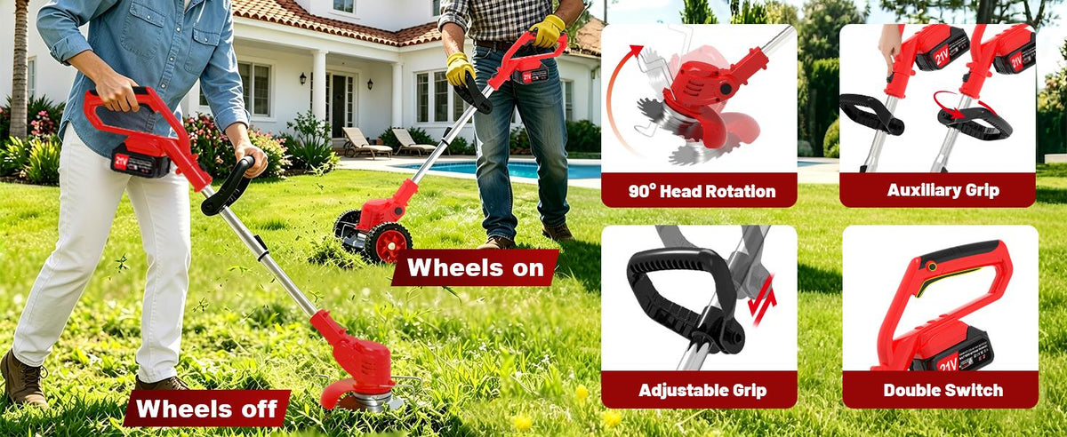 Electric Weed Wacker Cordless with Wheels,21V Lightweight Electric Weed Eater Battery Powered,4 in 1 Grass Trimmer/Brush Cutter/Lawn Edger/Lawn Mower,No String Trimmer Battery Operated for Garden Yard