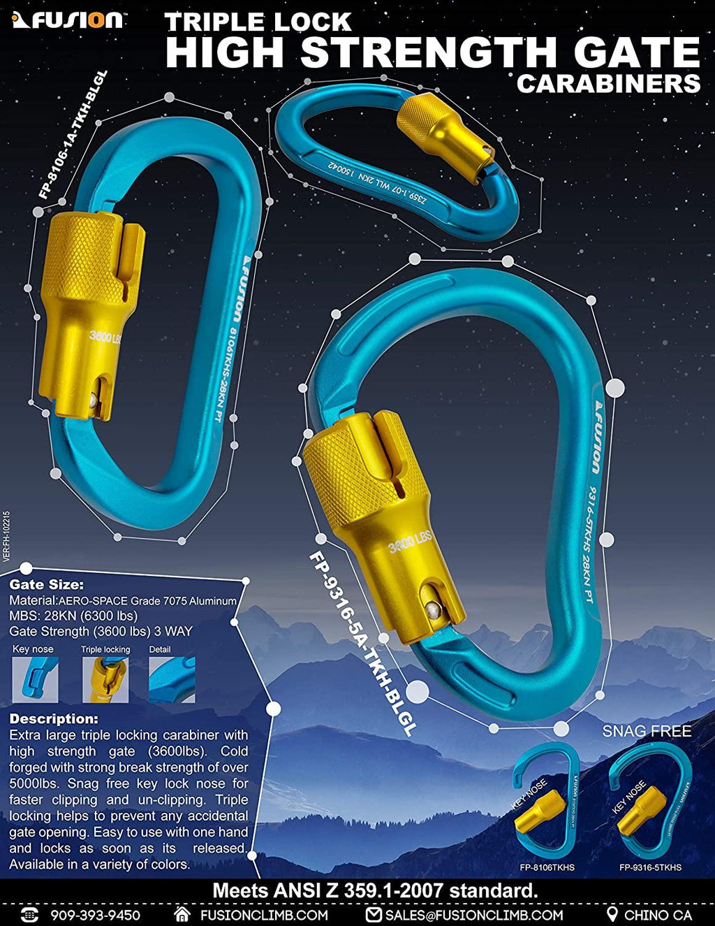 Fusion Climb Swift Aluminum Triple Lock Modified D Shape High Strength Carabiner 10-Pack