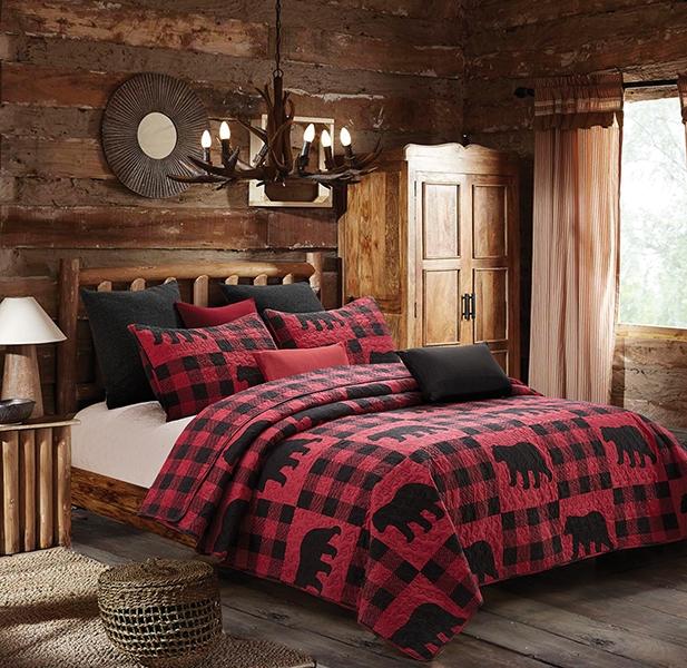 Red and Black Black Bear Plaid Patchwork Quilt and Sham Set King