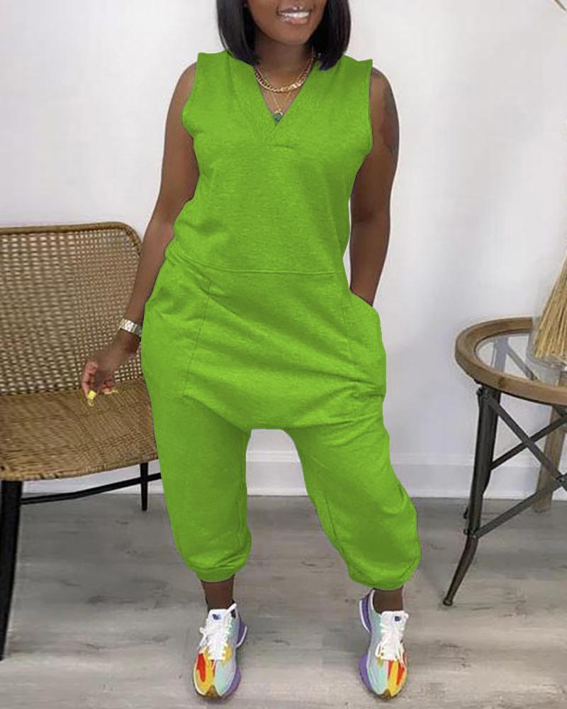 sleeveless pocket design v-neck jumpsuit