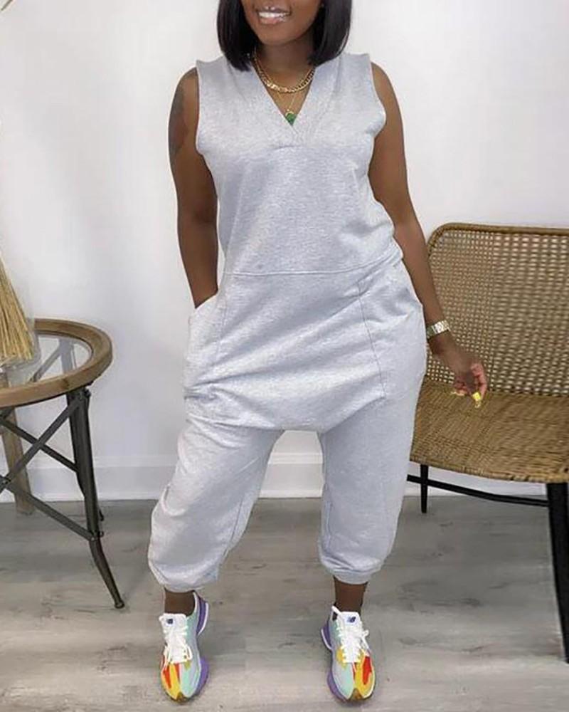 sleeveless pocket design v-neck jumpsuit