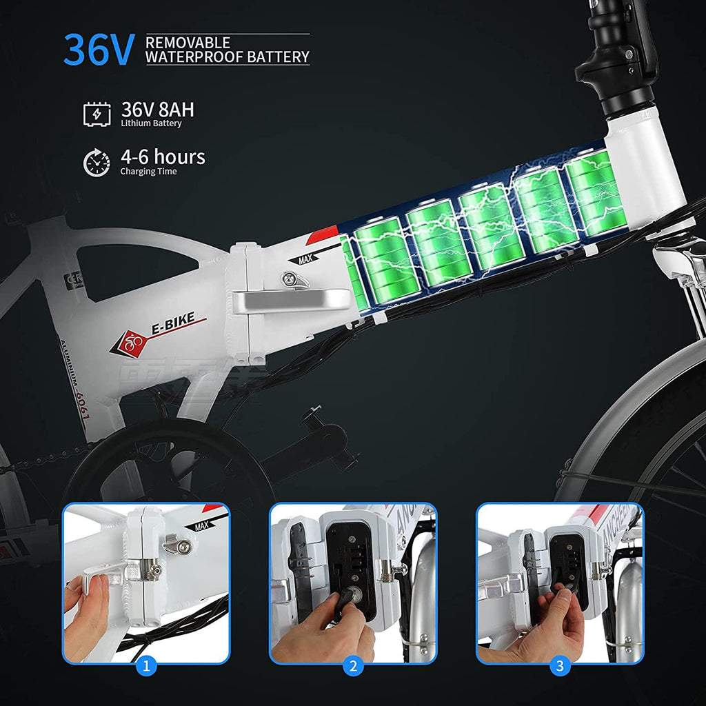 20" Folding Electric Bike with Removable LarCapacity Lithium-Ion Battery (36V 250W), Electric Bicycle 7 Speed Gear and Three WorModes (White, 20 inch)