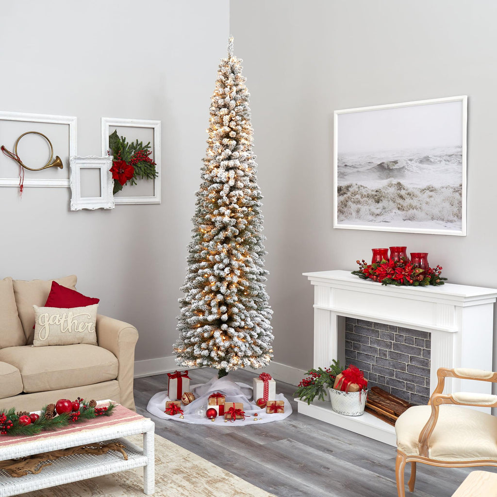 Nearly Natural 9' White Pencil Flocked Artificial Christmas Tree Prelit 600 Clear Lights