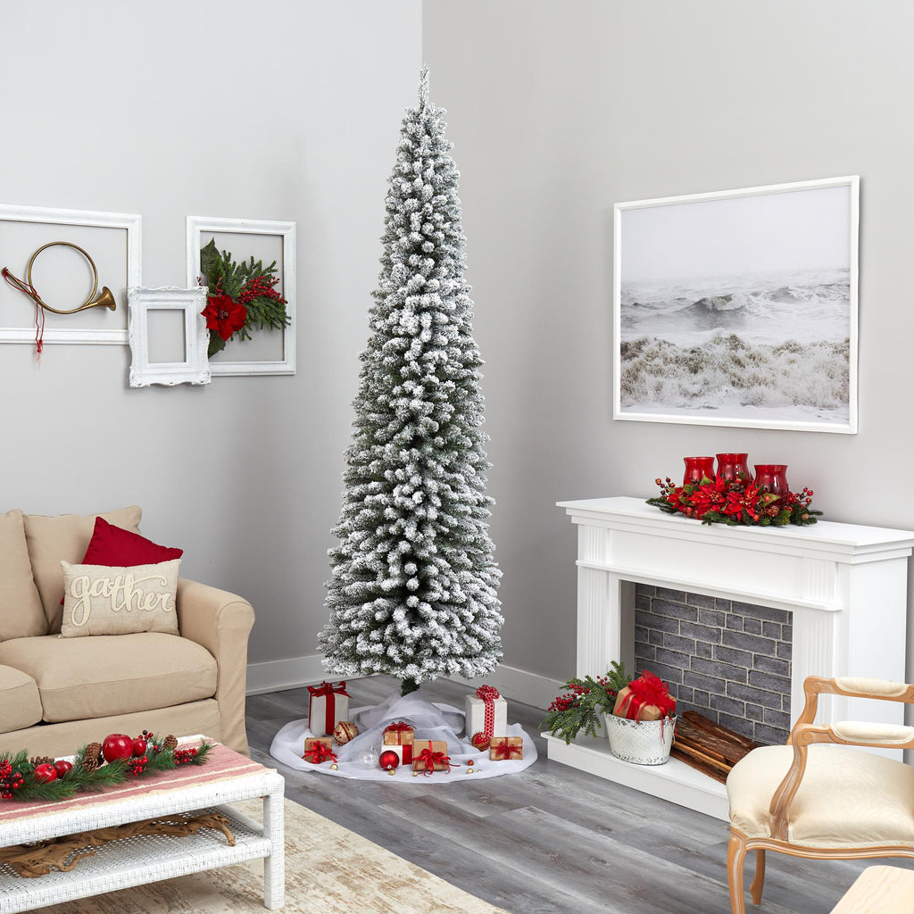 Nearly Natural 9' White Pencil Flocked Artificial Christmas Tree Prelit 600 Clear Lights