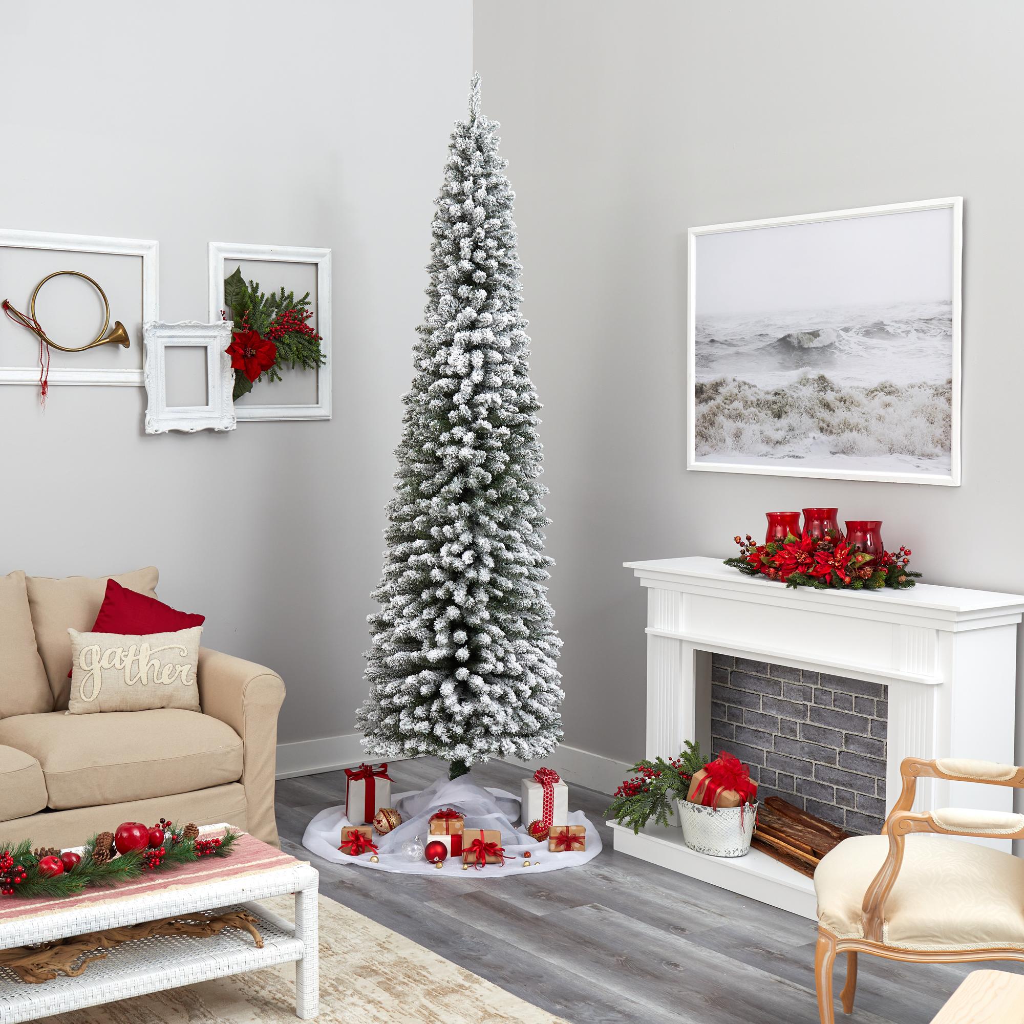 Nearly Natural 9' White Pencil Flocked Artificial Christmas Tree Prelit 600 Clear Lights
