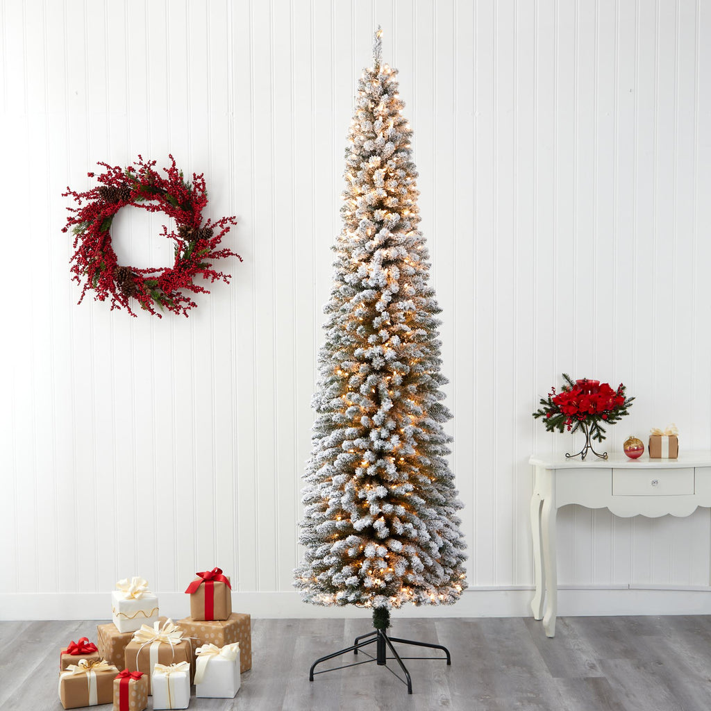 Nearly Natural 9' White Pencil Flocked Artificial Christmas Tree Prelit 600 Clear Lights