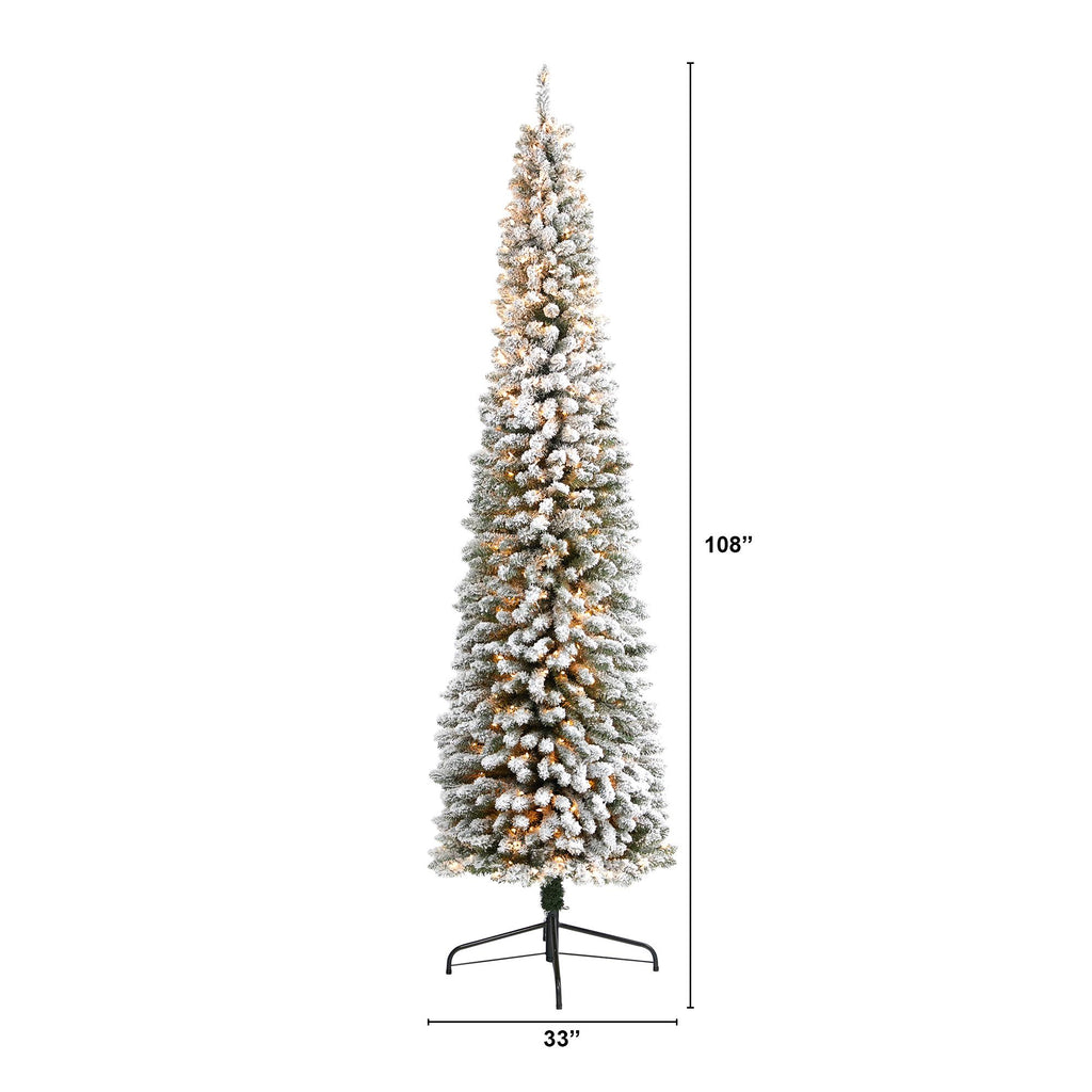 Nearly Natural 9' White Pencil Flocked Artificial Christmas Tree Prelit 600 Clear Lights