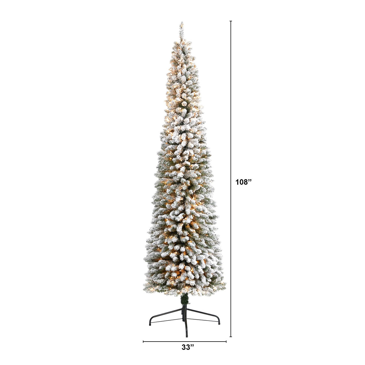 Nearly Natural 9' White Pencil Flocked Artificial Christmas Tree Prelit 600 Clear Lights