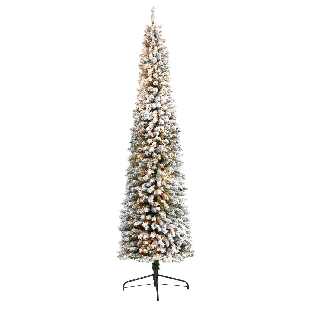 Nearly Natural 9' White Pencil Flocked Artificial Christmas Tree Prelit 600 Clear Lights