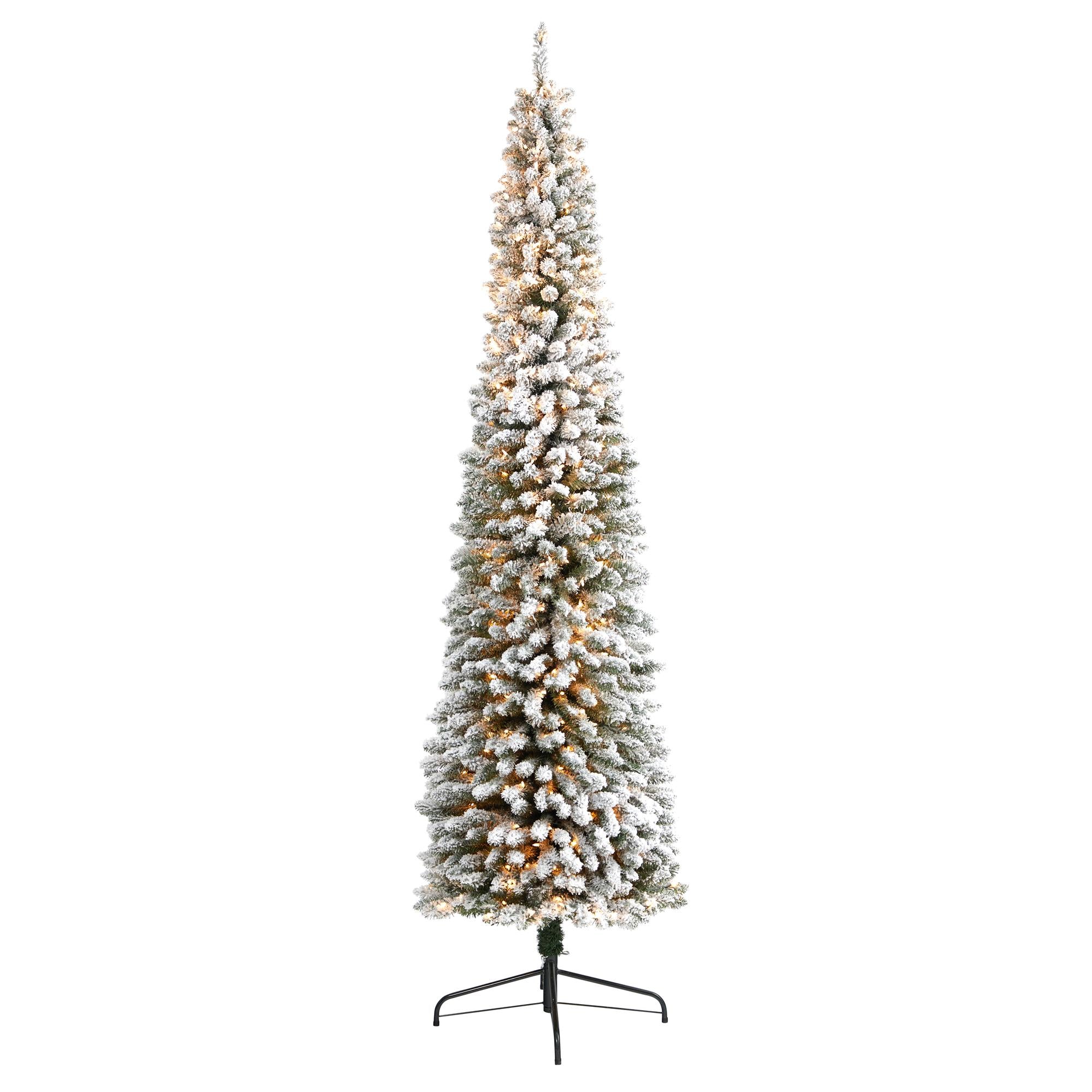 Nearly Natural 9' White Pencil Flocked Artificial Christmas Tree Prelit 600 Clear Lights
