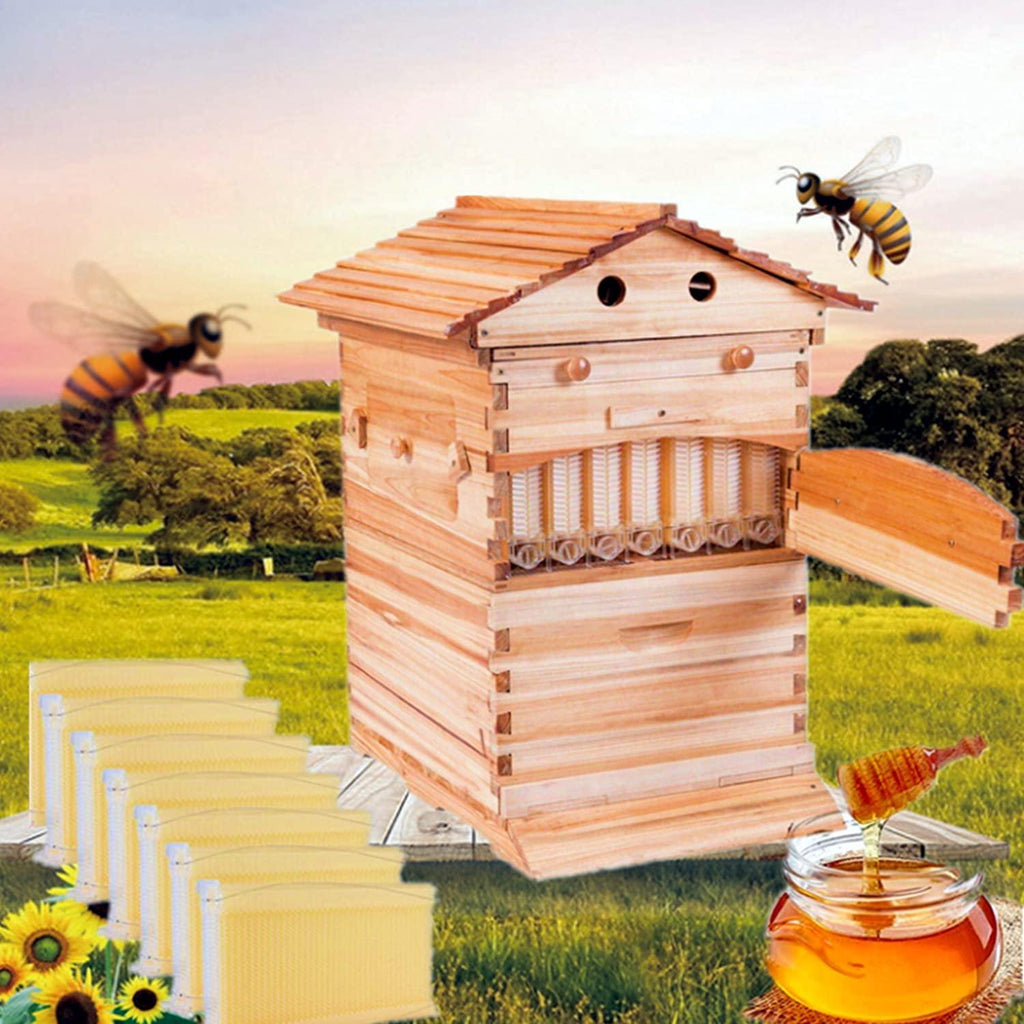 auto flow beehive food grade beekeeping wooden house with 7 automatic honey flow combs for beekeeper starter (bpa free)