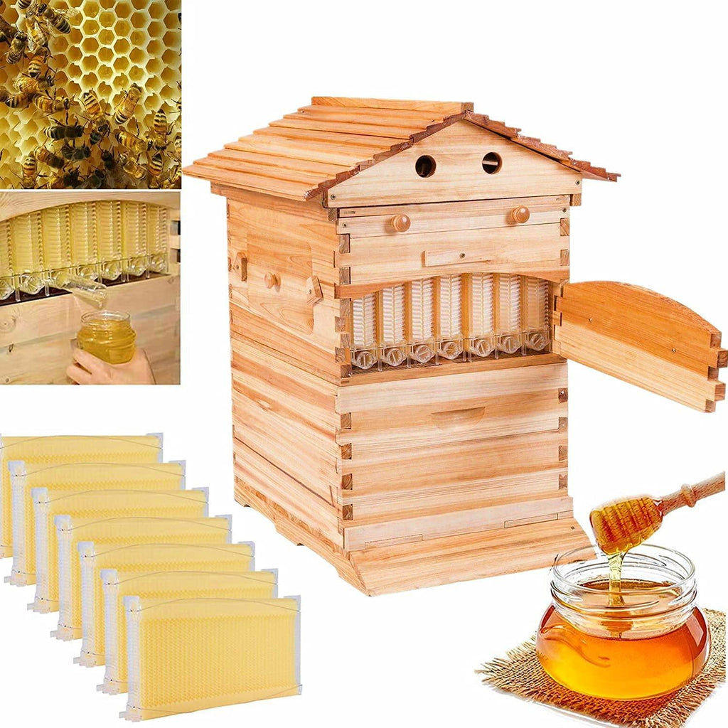 auto flow beehive food grade beekeeping wooden house with 7 automatic honey flow combs for beekeeper starter (bpa free)
