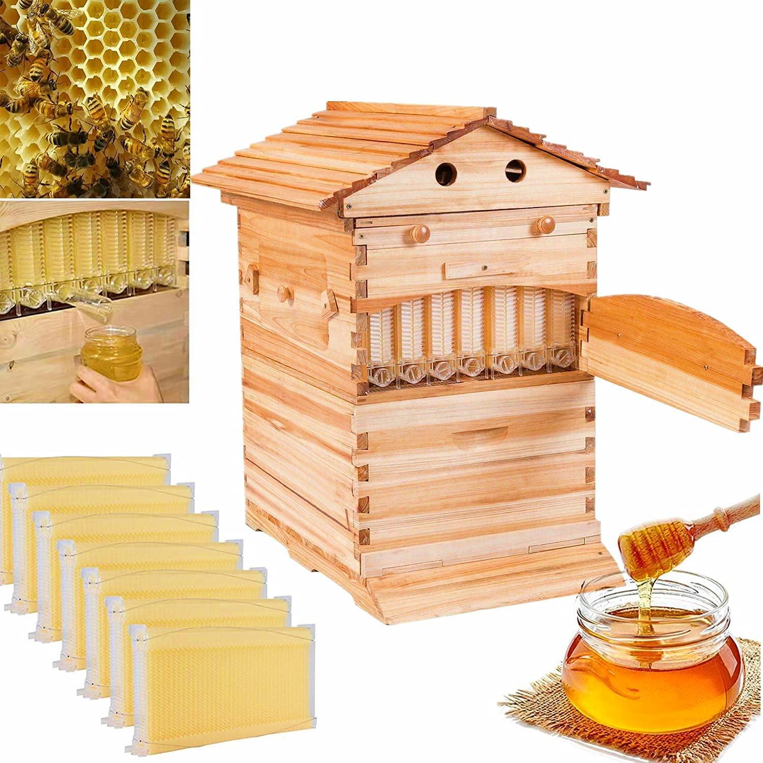 auto flow beehive food grade beekeeping wooden house with 7 automatic honey flow combs for beekeeper starter (bpa free)