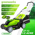 Greenworsk 40V 4Ah Cordless Lawn Mower 17'' Metal Deck Height Adjustable Height
