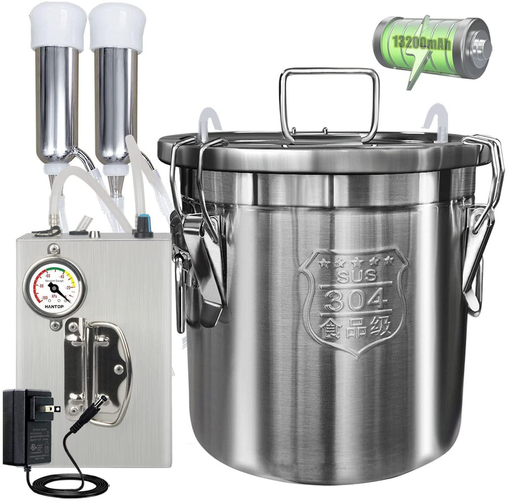 hantop 12l cow milking machine, rechargeable pulsation speed adjustable vacuum pump with pressure gauge, 304 stainless steel bucket cow milker machine (pro plus)