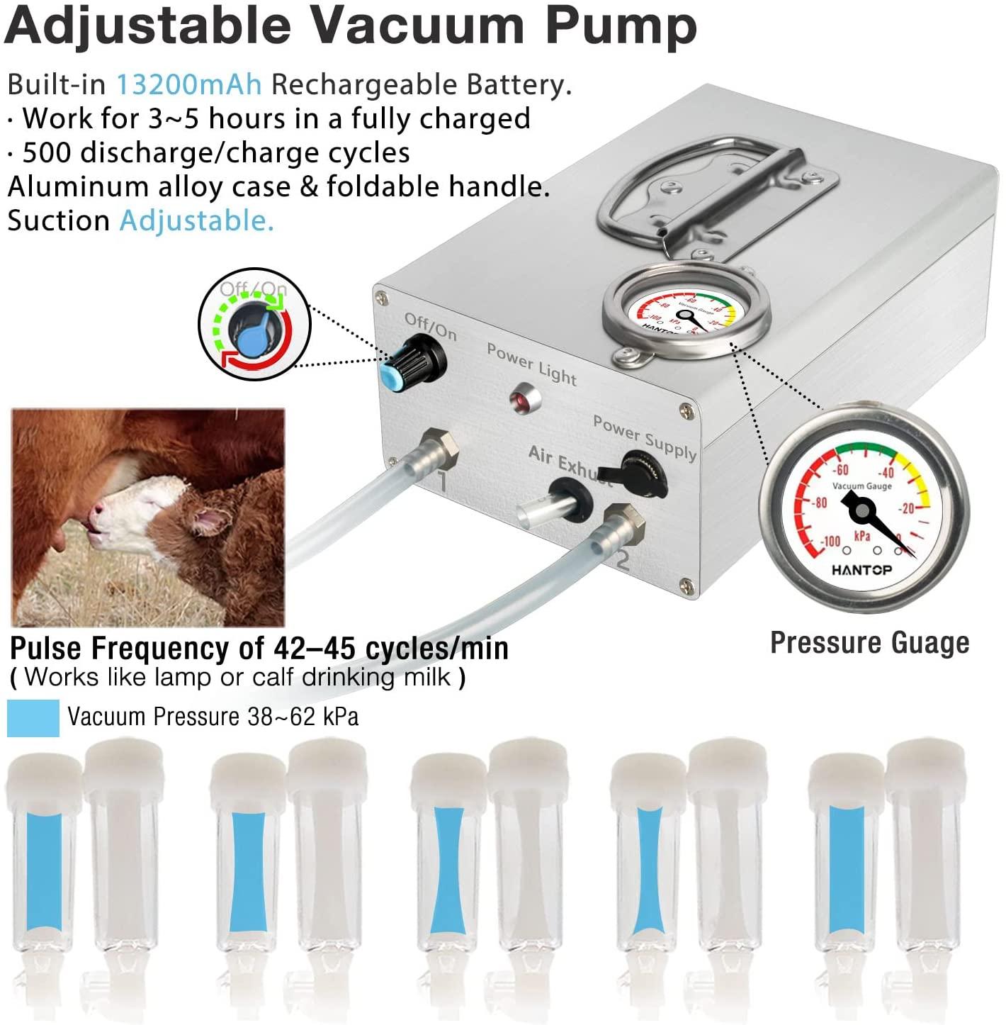 hantop 12l cow milking machine, rechargeable pulsation speed adjustable vacuum pump with pressure gauge, 304 stainless steel bucket cow milker machine (pro plus)