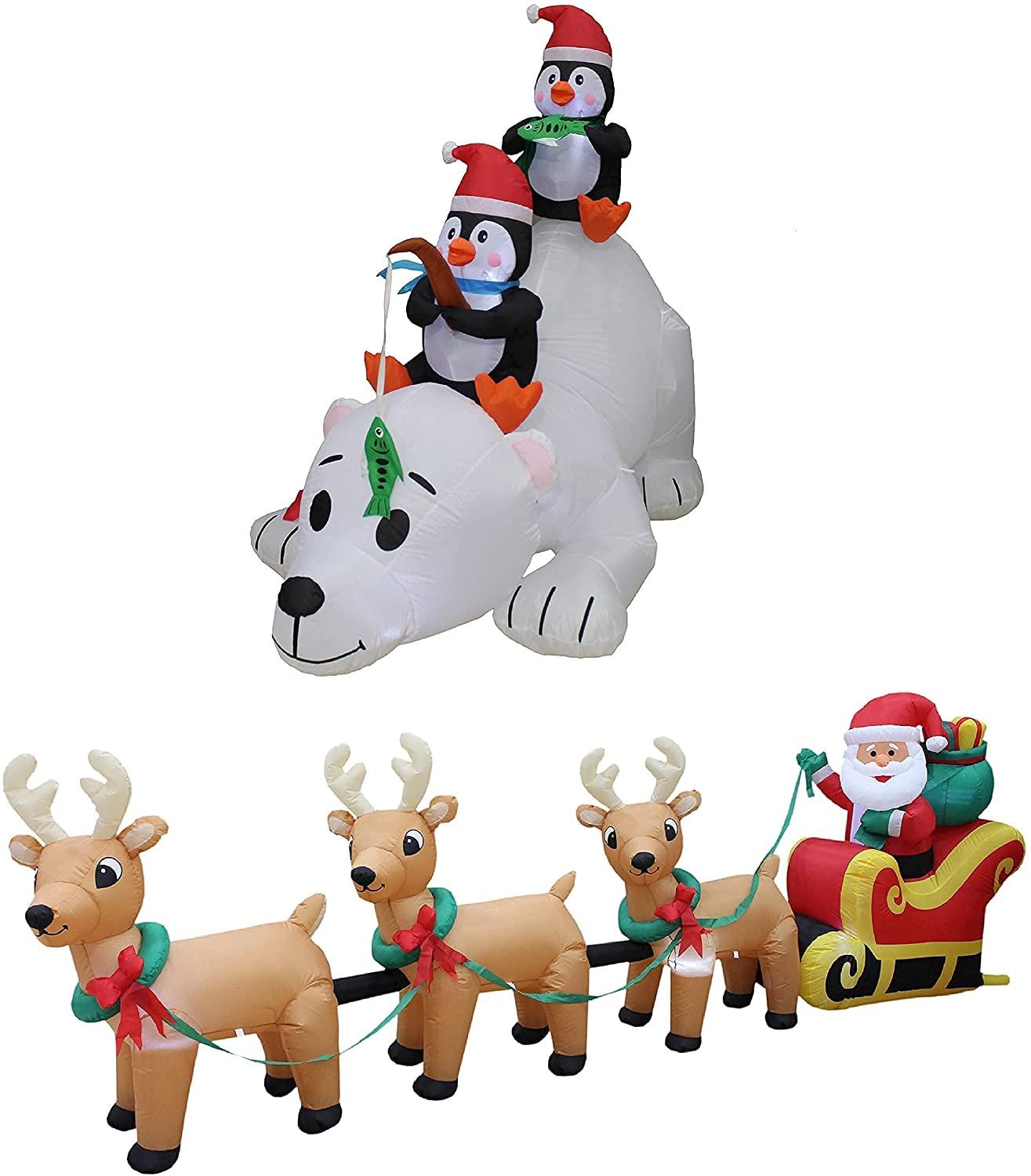 Two Christmas Party Decorations Bundle, Includes 6 Foot Long Christmas Inflatable Penguins Fishing on Polar Bear, and 12 Foot Long Christmas Inflatable Santa Claus on Sleigh with 3 Reindeer and Tree