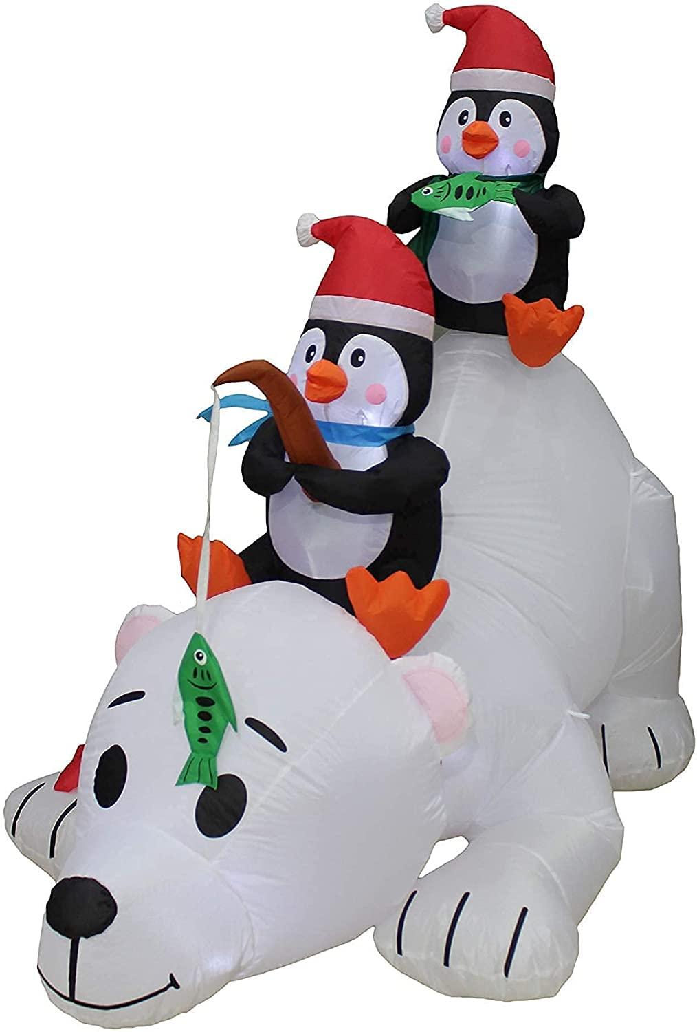 Two Christmas Party Decorations Bundle, Includes 6 Foot Long Christmas Inflatable Penguins Fishing on Polar Bear, and 12 Foot Long Christmas Inflatable Santa Claus on Sleigh with 3 Reindeer and Tree