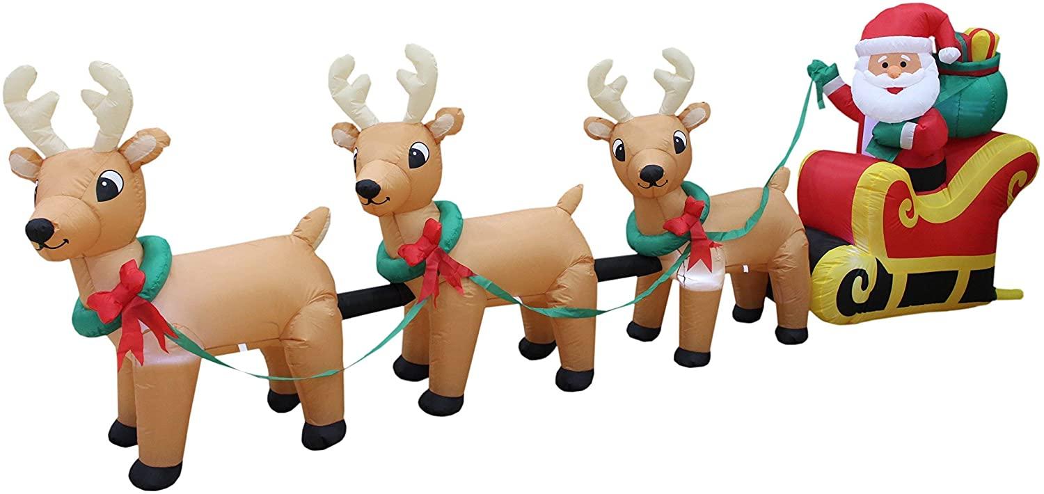 Two Christmas Party Decorations Bundle, Includes 6 Foot Long Christmas Inflatable Penguins Fishing on Polar Bear, and 12 Foot Long Christmas Inflatable Santa Claus on Sleigh with 3 Reindeer and Tree