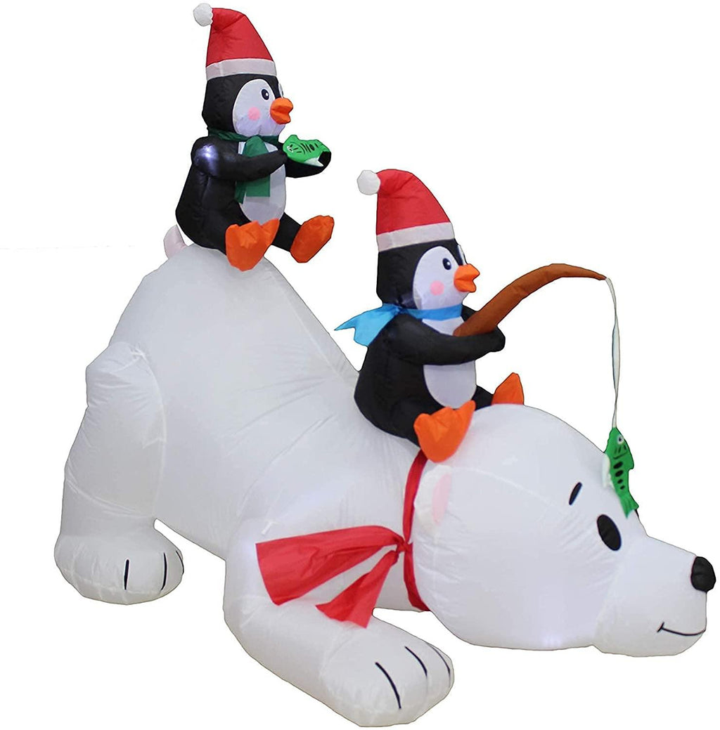 Two Christmas Party Decorations Bundle, Includes 6 Foot Long Christmas Inflatable Penguins Fishing on Polar Bear, and 12 Foot Long Christmas Inflatable Santa Claus on Sleigh with 3 Reindeer and Tree