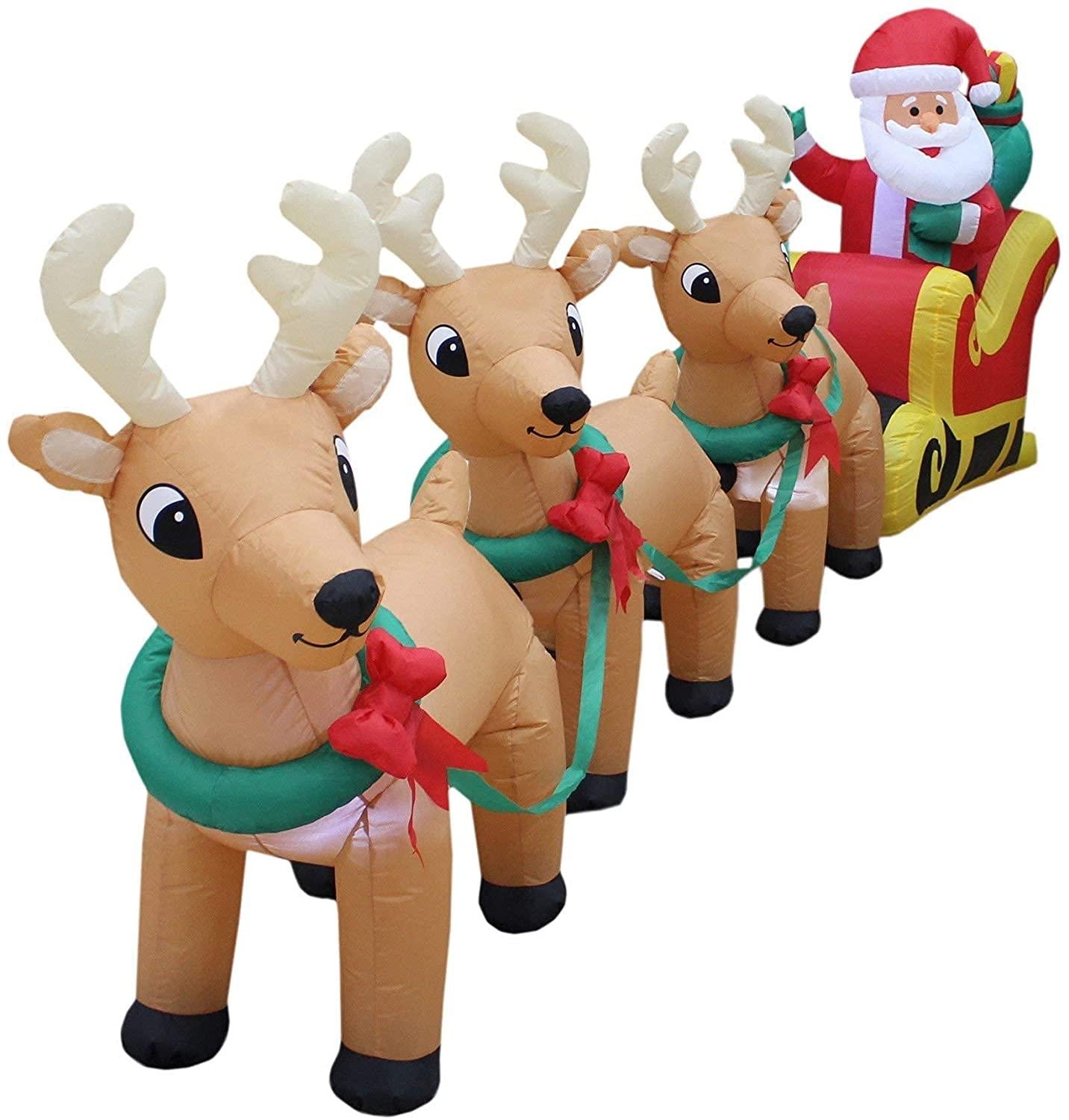 Two Christmas Party Decorations Bundle, Includes 6 Foot Long Christmas Inflatable Penguins Fishing on Polar Bear, and 12 Foot Long Christmas Inflatable Santa Claus on Sleigh with 3 Reindeer and Tree