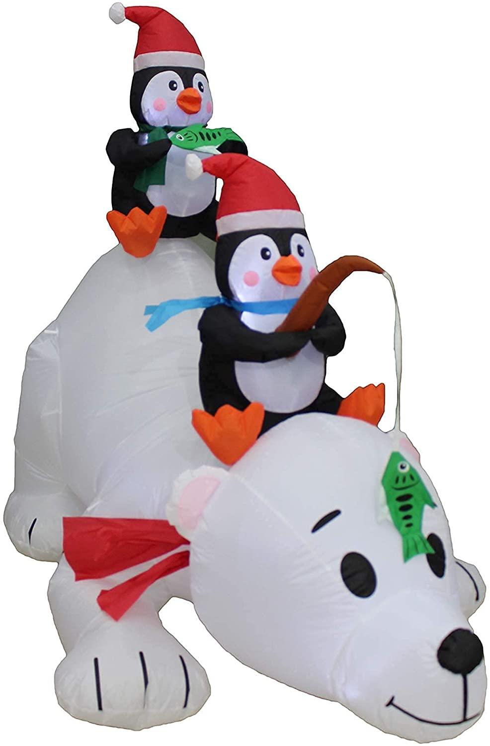 Two Christmas Party Decorations Bundle, Includes 6 Foot Long Christmas Inflatable Penguins Fishing on Polar Bear, and 12 Foot Long Christmas Inflatable Santa Claus on Sleigh with 3 Reindeer and Tree