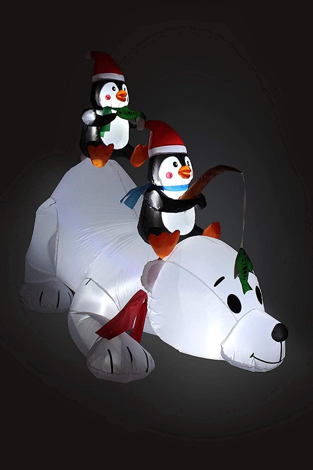 Two Christmas Party Decorations Bundle, Includes 6 Foot Long Christmas Inflatable Penguins Fishing on Polar Bear, and 12 Foot Long Christmas Inflatable Santa Claus on Sleigh with 3 Reindeer and Tree