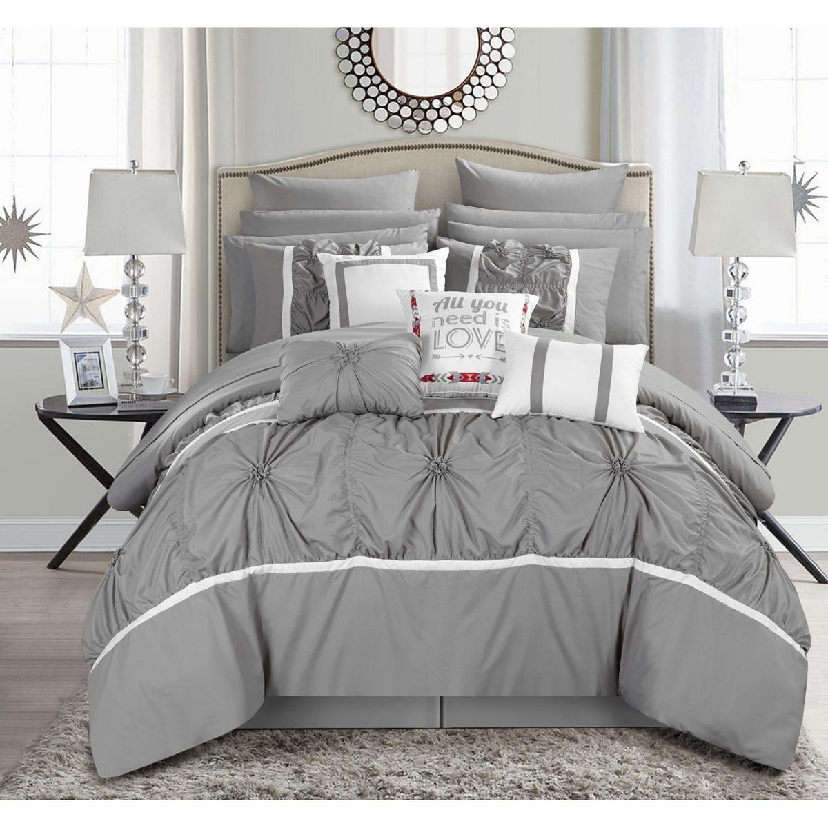 Chic Home CS2764-US Ashville Queen Size Comforter Set, Grey - 16 Piece