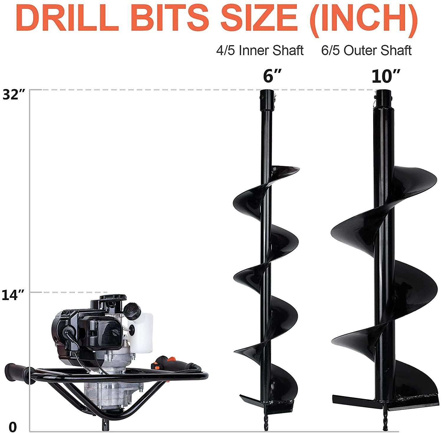 dc house 52cc 2.4hp gas powered post hole digger with two earth auger drill bit 6" &amp; 10"earth digger
